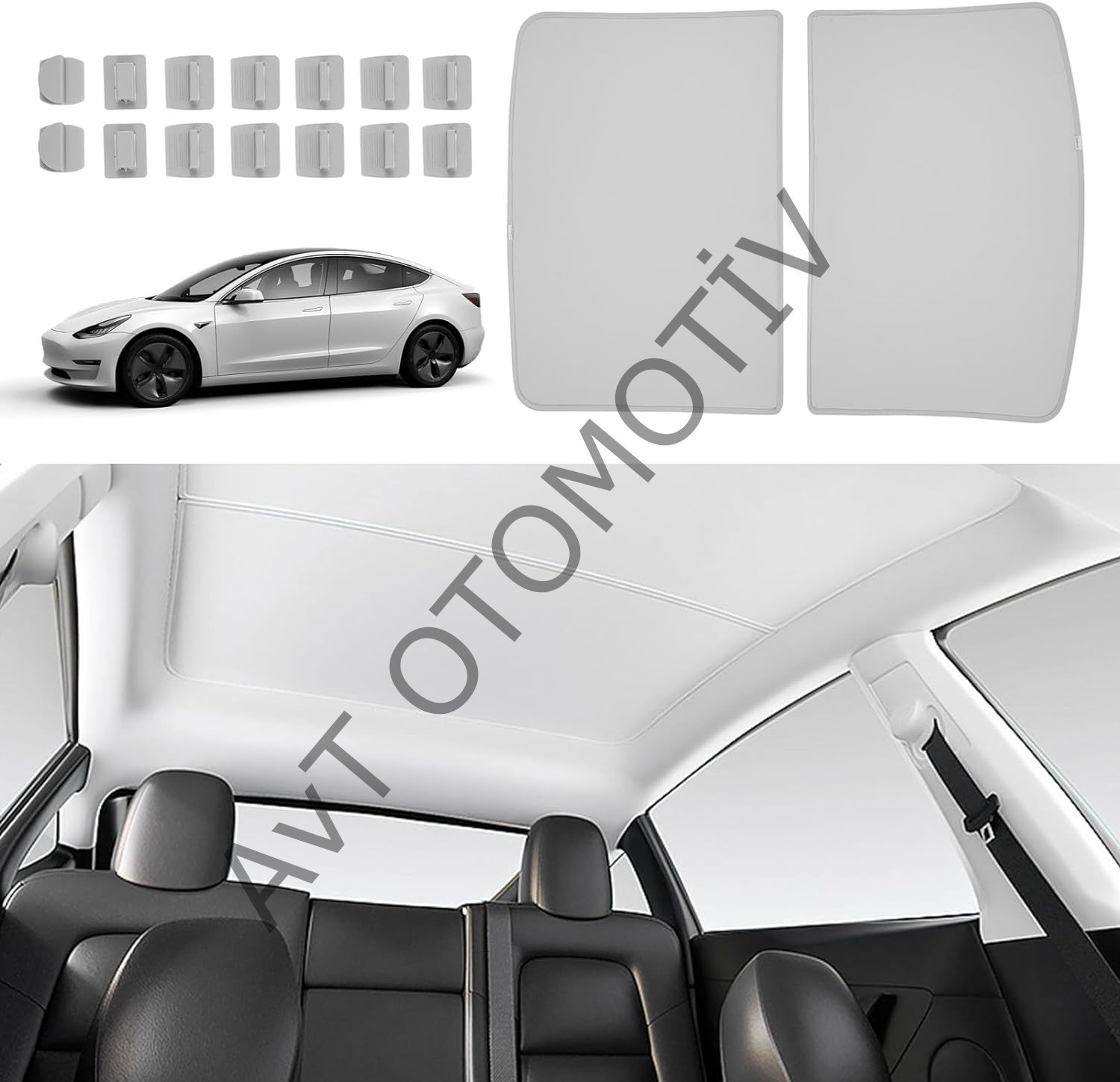 Tesla Model Y Tavan Perdesi Açık Gri Renk 2021-2023 Model İçin